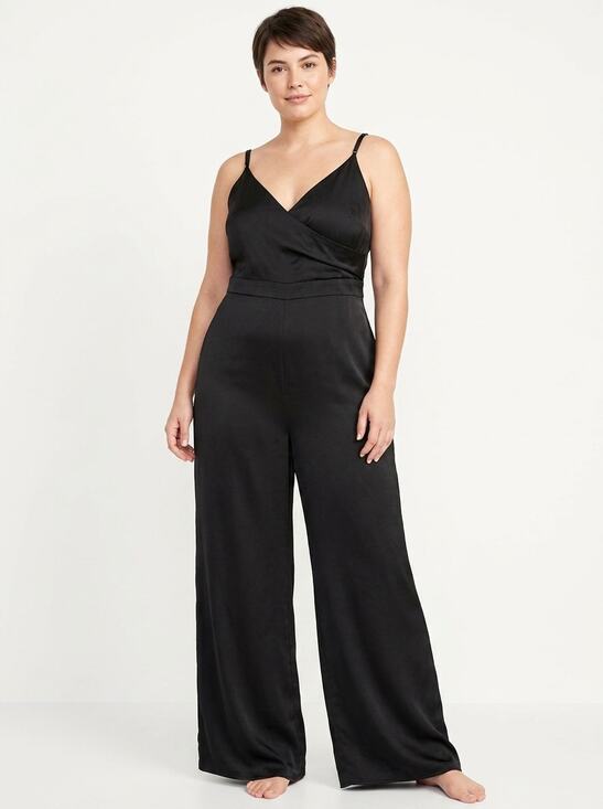 Express Pants - Express Black Satin Sleeveless V-Neck Wide Leg Jumpsuit Women Size M